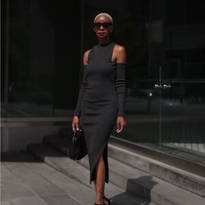 Off-Shoulder Black Midi Dress with Side Slit